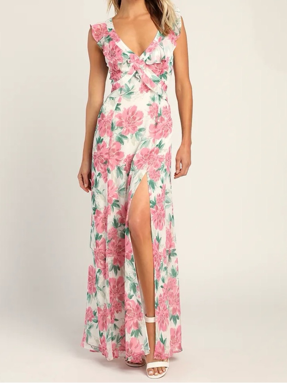 Lulus Spring White Floral Print Ruffled Maxi Dress